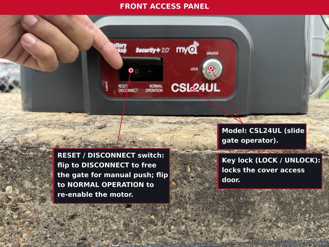 Annotated training manual photo of the CSL24UL front access panel with reset switch callouts