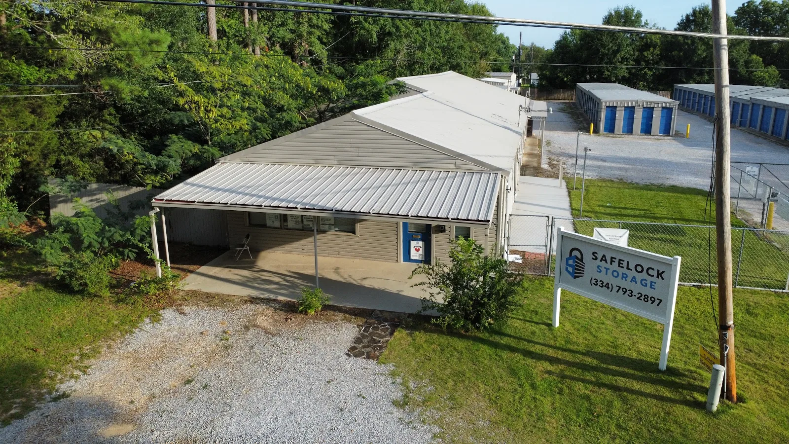 Safelock Storage entrance sign and landscaped drive at Bob Hall Road in Dothan, Alabama