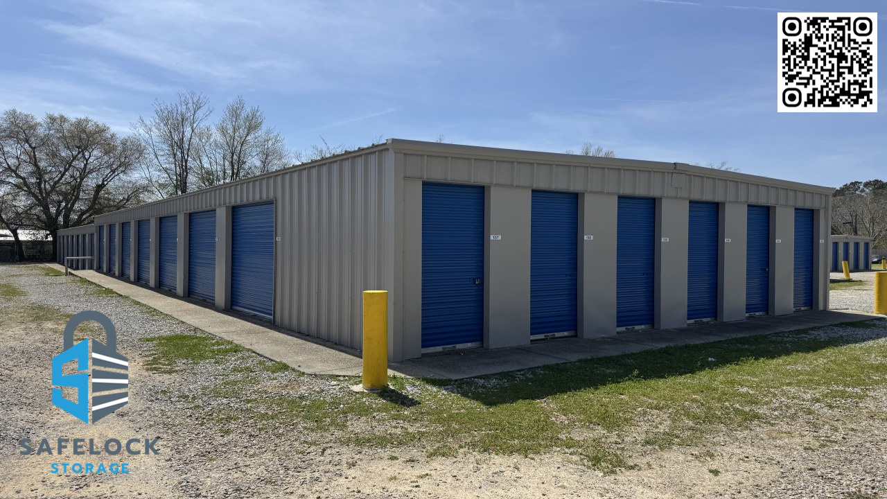 Bob Hall Self Storage drive-up units with post-rebrand blue Safelock doors, Dothan, Alabama